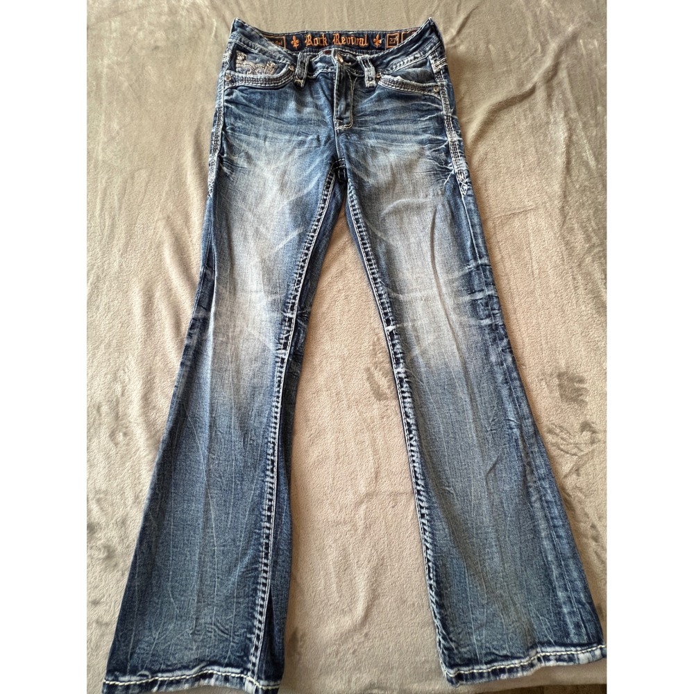 Rock Revival Bootcut Jeans Womens 27 Blue Beet Red Mid Rise Thick Stitch Distres